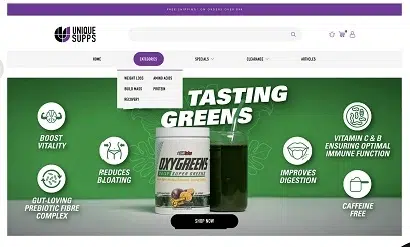 A webpage about supplements and protein with a green-themed design, featuring product images, clean typography, and nature-inspired graphics like leaves and health symbols.