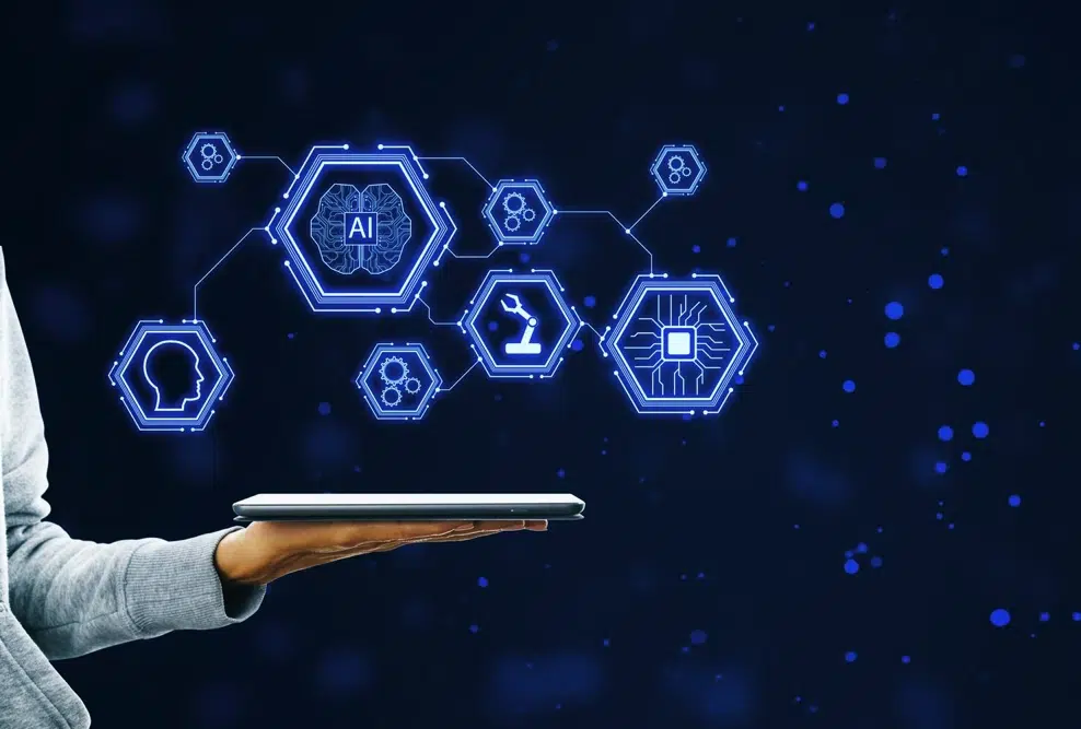 artificial intelligence with laptop AI search optimisation using structured content, schema markup and llms.txt on a business website