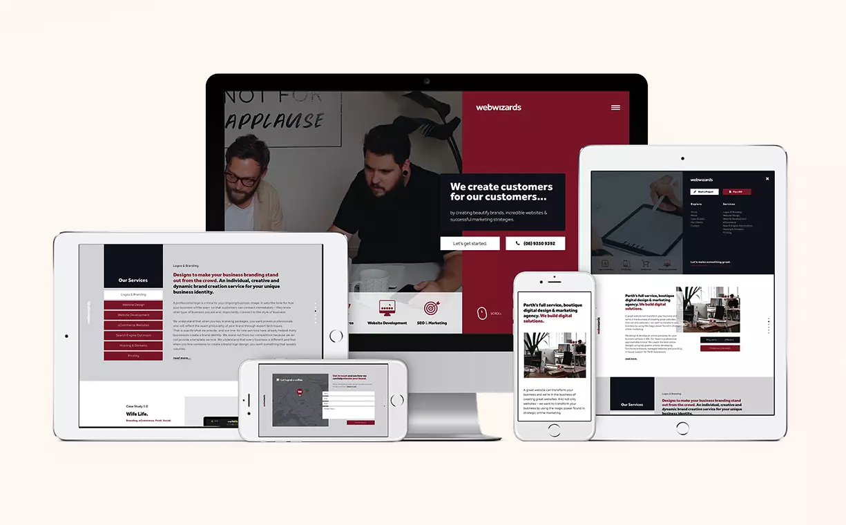 Responsive Web Wizards website design displayed across desktop, tablet and mobile devices